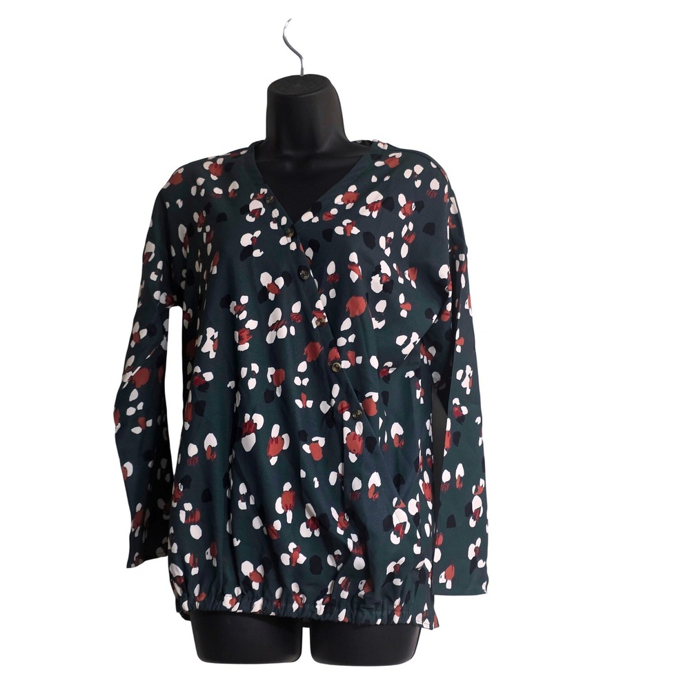 Kate & Mallory Womens XS Dark Green Abstract Print Faux Wrap Blouse Sz SX‎